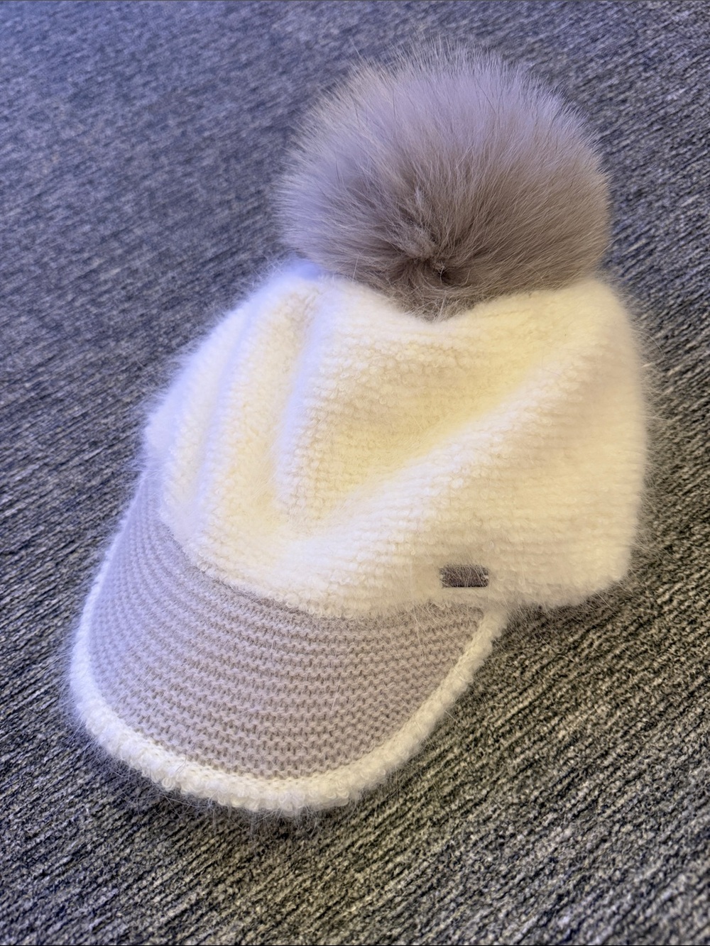 Soft Pom Pom Visor Beanie - Cream & Gray